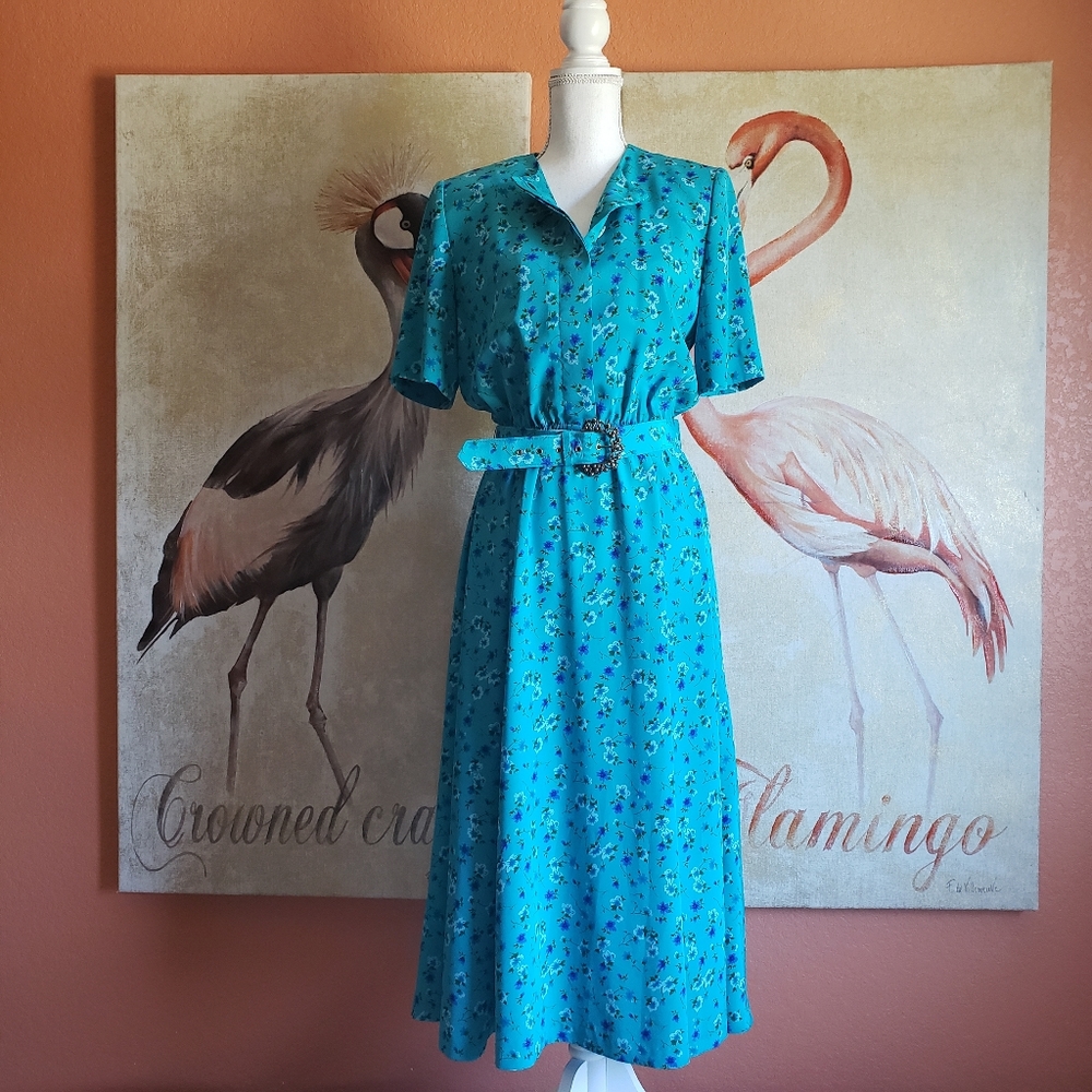 Vintage Leslie Fay Dress Floral Blue Aqua Belt 10 Petite Short Sleeve Classic